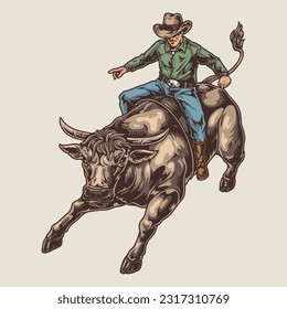 Rodeo race colorful vintage sticker with dangerous bull and brave guy sitting in saddle in traditional Texas race vector illustration