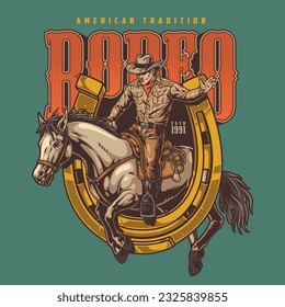 Rodeo racing colorful vintage sticker with bold man on bronco and golden horseshoe for traditional American sport promo vector illustration