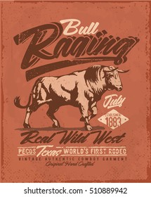 rodeo, raging bull, rodeo western, Quality hand made tee Print graphic.