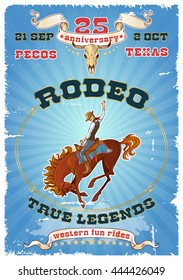 Rodeo retro poster with rider in saddle on horse in center on blue grunge background vector illustration 
