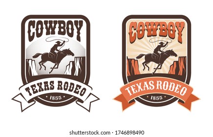 Rodeo retro western badge - horseman with lasso. Cowboy riding on horse - vintage emblem. Vector illustration.