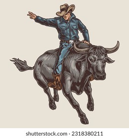 Pegatina de color de rodeo vintage con toro de cuerno salvaje con rancho y hombre afortunado en ilustración vectorial de sombrero de vaquero