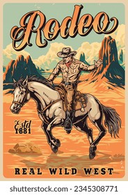 Rodeo rider vintage poster colorful brave guy in cowboy clothes sitting on bronco in wild west desert area vector illustration