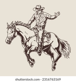 Rodeo rider vintage sticker monochrome with bronco trying to throw off cowboy male for advertising extreme sport event vector illustration