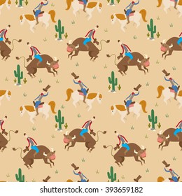 Rodeo seamless pattern with cowboys riding on horse and bull
