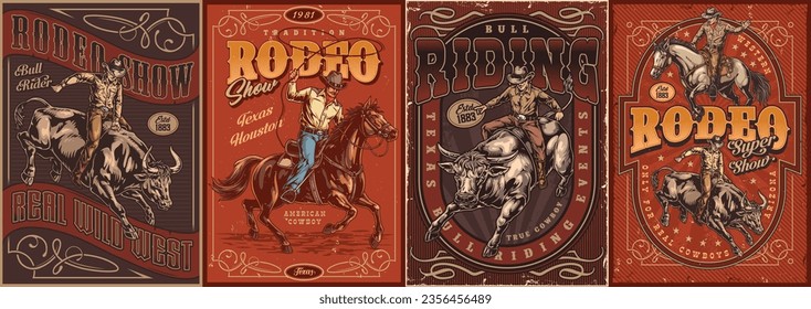 Rodeo show colorful set stickers with guys riding wild bulls and daredevils dressed as cowboys sitting on horseback vector illustration
