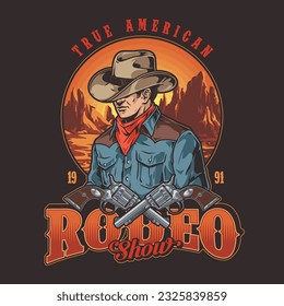 Rodeo muestra un colorido volante vintage con vaquero escondiendo su cara detrás de sombrero y revólver con la firma verdadera ilustración vectorial de Estados Unidos