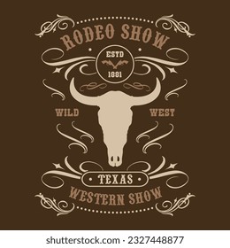 Rodeo show colorful vintage poster with bull skull to invite spectators to horse racing or cowboy competition vector illustration