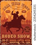 Rodeo show colorful vintage sticker with man in cowboy hat riding horse and waving lasso for western fest vector illustration