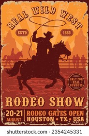 Rodeo muestra una pegatina de color vintage con un hombre en sombrero de vaquero montando caballo y agitando lazo para ilustración vectorial del festival occidental