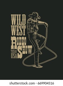 Rodeo show. Hand drawn vintage engraving illustrations and typography elements. Design for t-shirt or poster. Vector