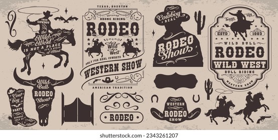 Rodeo muestra emblemas monocromáticos con siluetas vaqueros y motociclistas usando lazo cerca de afiches de promoción para ilustración vectorial del festival occidental