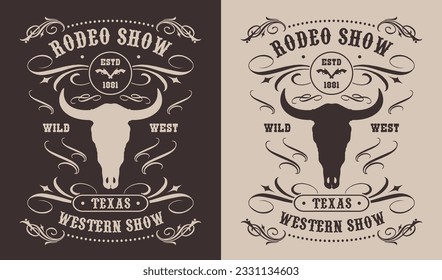 Rodeo show monochrome vintage poster with bony bull head for western festival promo and invitation design vector illustration