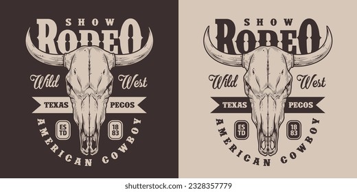 Rodeo show monochrome vintage sticker with skull of angry bull and inscription American cowboy from wild west vector illustration