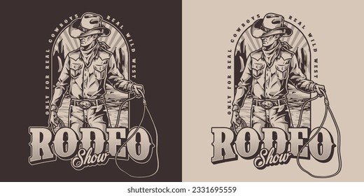 Rodeo show monochrome vintage sticker with cowboy demonstrating skill of using lasso to catch wild bull vector illustration