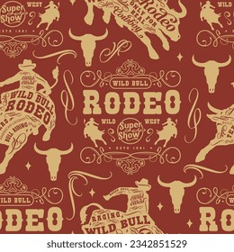 Rodeo show pattern seamless monochrome with silhouettes of men in cowboy hats on bulls for western festival promo vector illustration