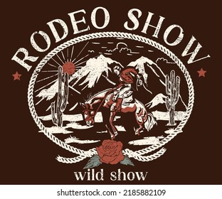 Rodeo show print design for t-shirt. Cowgirl vintage artwork for poster, sticker, background and others. Wild life illustration. Horse show at the beach artwork.