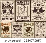 Rodeo show set flyers colorful with cowboys riding bulls and horses for wild west parties vector illustration
