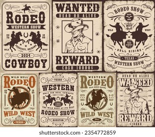 Rodeo show set flyers colorful with cowboys riding bulls and horses for wild west parties vector illustration