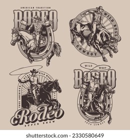 Rodeo show set flyers monochrome with cowboys demonstrating skills of using lasso while chasing wild bull vector illustration