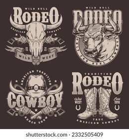 Rodeo show set flyers monochrome bull with cowboy wardrobe items for inviting viewers to wild west style festival vector illustration