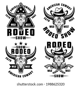 Rodeo show set of four vector wild west style vector illustration in vintage monochrome style isolated on white background