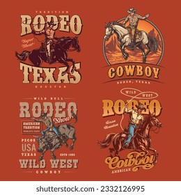 Rodeo show set posters colorful Texas cowboys participating in horse racing and extreme competitions with bulls and bronco vector illustration