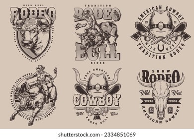 Rodeo show set stickers monochrome with bull skull and American male riders participating in traditional races vector illustration