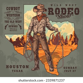 Rodeo show vintage flyer colorful with male Texas cowboy using lasso to catch game while hunting vector illustration