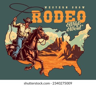 Rodeo show vintage sticker colorful with cowboy on horse waving lasso to advertise tour of American wild west vector illustration