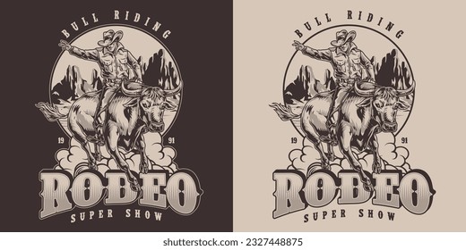 Rodeo show vintage sticker monochrome rider on wild bull with sharp horns for cowboy fest advertising in magazine vector illustration