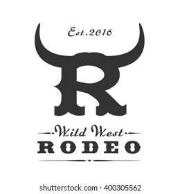 Rodeo sport vector logo template. Bull horns as a part of lettering