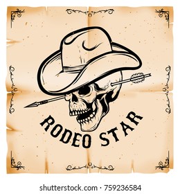 Rodeo star. Cowboy skull on old paper style background. Design element for poster, card. Vector illustration