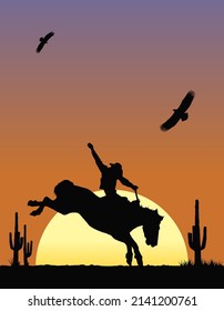 Rodeo at sunset. Vector silhouette of a cowboy on horseback.