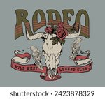 rodeo western vintage design, cow skull with rose vector art, retro cowboy desert design, vintage t shirt design 