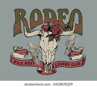 Rodeo Western Vintage Design, Kuhschädel mit Rose Vektorkunst, Retro Cowboy Wüstendesign, Vintage-T-Shirt-Design 