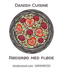 Rodgrod med flode is a traditional Danish dessert consisting of red berry pudding served with cream.