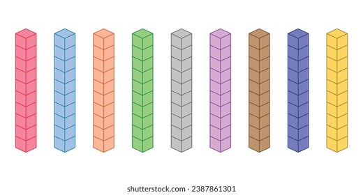 Rods represent tens. Learning about base ten blocks. Flats longs squares in mathematics. Scientific resources for teachers and students. Vector illustration.