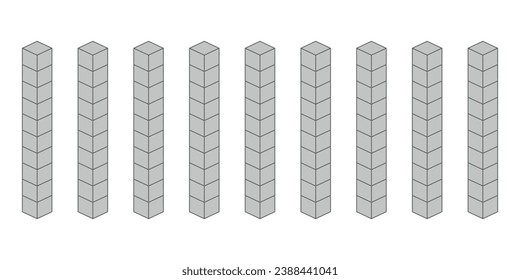 Rods represent tens. Learning about base ten blocks. Flats longs squares in mathematics. Scientific resources for teachers and students. Vector illustration.