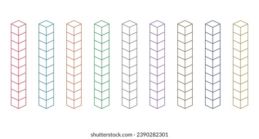 Rods represent tens. Learning about base ten blocks. Flats longs squares in mathematics. Scientific resources for teachers and students. Vector illustration.