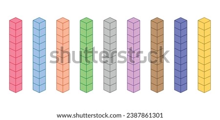Rods represent tens. Learning about base ten blocks. Flats longs squares in mathematics. Scientific resources for teachers and students. Vector illustration.