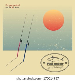 Rods at sunset on the beach ,retro poster