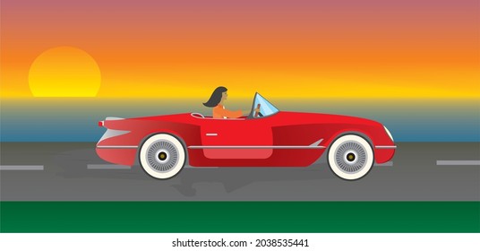 Rodtrip in sport car in moonshine. Vector illustration.