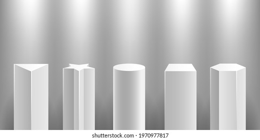 Roducts gallery stands with spotlights. Lighted model displays bases, exibision white shapes blocks, clean 3d product places, exhibit standing pillars vector illustration