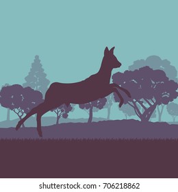 Roe deer in forest field with sunset and trees vector background
