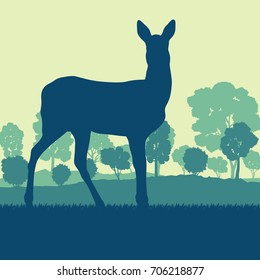 Roe deer in forest field with sunset and trees vector background