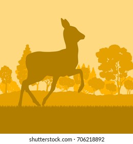 Roe deer in forest field with sunset and trees vector background