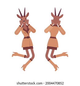 Roe deer happy woman, gazelle lady, animal head stylish human jumping. Attractive deerlike businesswoman, antelope wearing office outfit. Vector flat style cartoon illustration, front and rear view