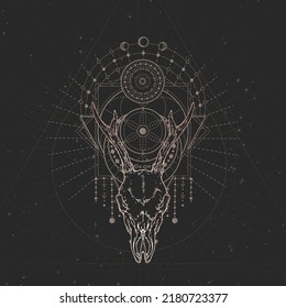 Roe deer skull and Sacred geometric symbol on black vintage background. Abstract mystic sign. Gold linear shape. 