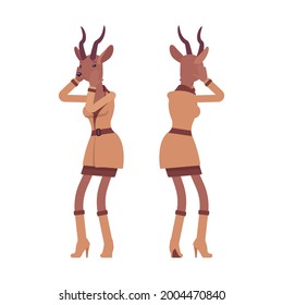 Roe deer woman in despair, elegant gazelle lady, animal head stylish human. Deerlike businesswoman, slim antelope wearing office outfit. Vector flat style cartoon illustration, front and rear view